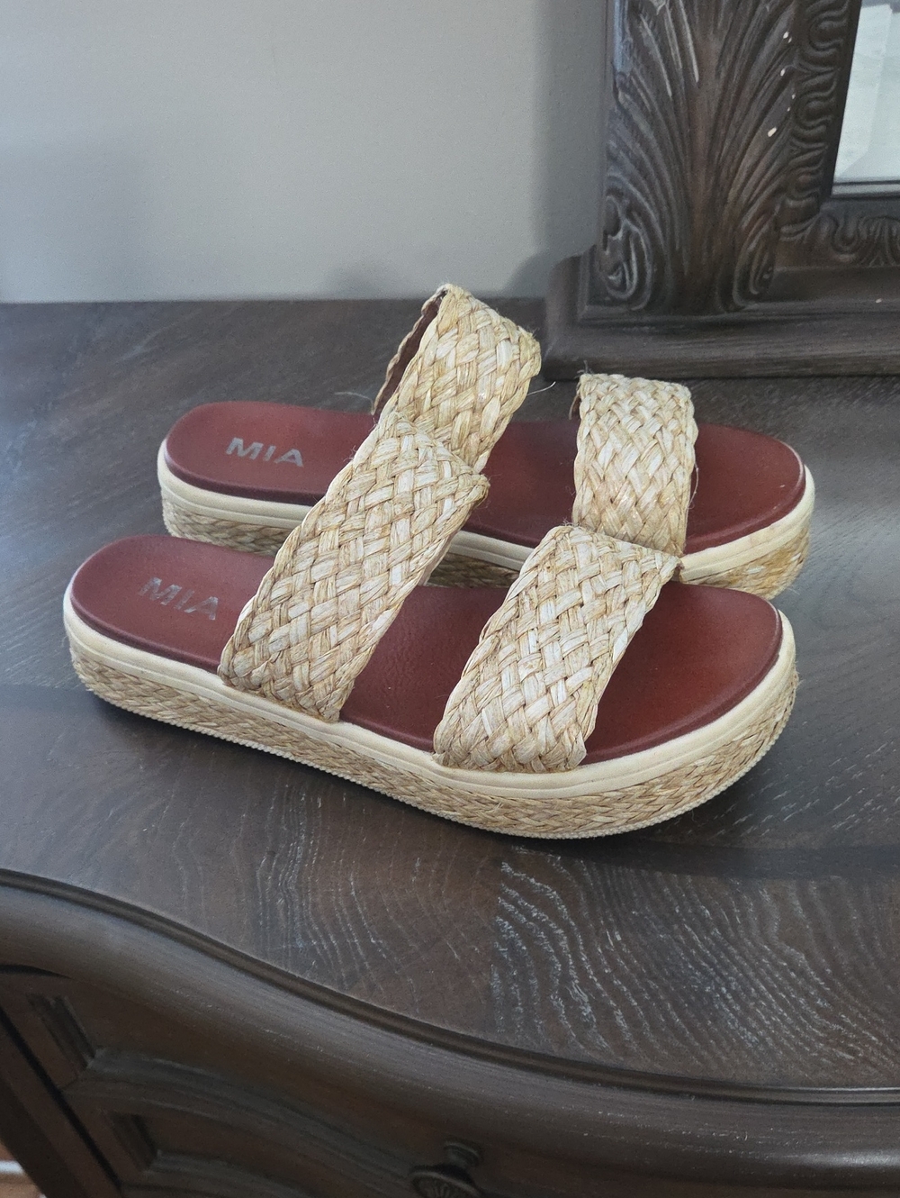 MIA Braided Double-Strap Slide Sandals in Natural with Brown Footbed